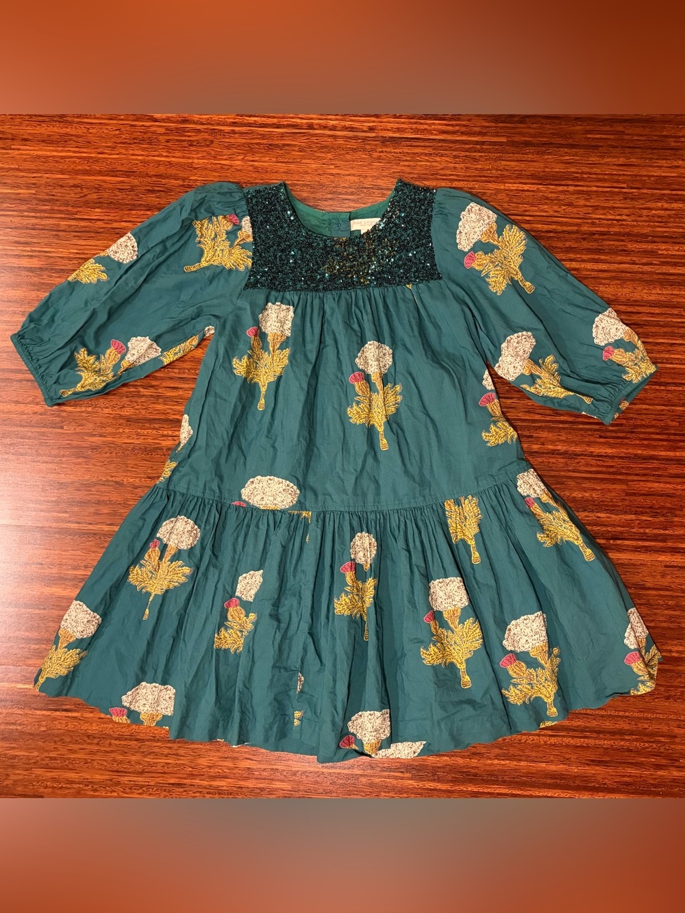 Pink Chicken Girls Fiona tiered 3/4 sleeve Dress in Emerald Marigold Floral 8